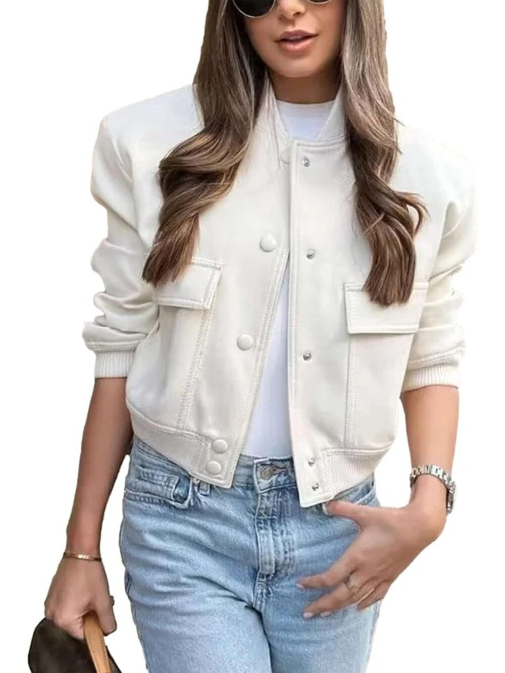 Women's Beige Cropped Button Down Varsity Jackets Shackets Pocket Bomber Jackets